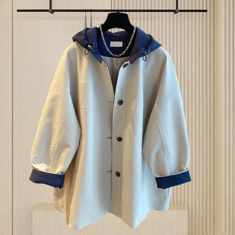 复古高级感撞色假两件连帽风衣2025年秋冬新款外套宽松中长款女装