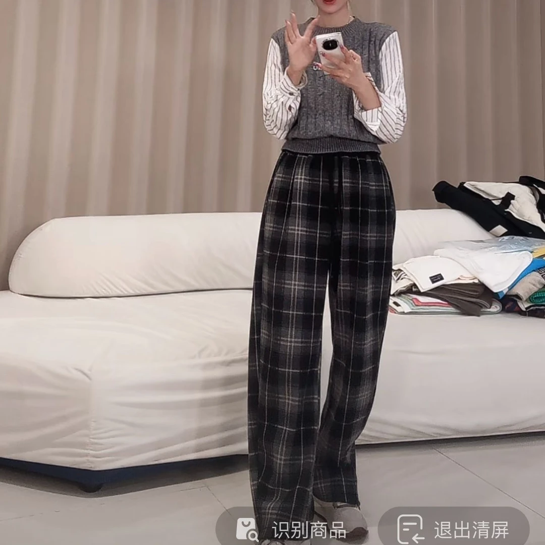 ananstudio 复古黑色格子加绒毛呢直筒裤