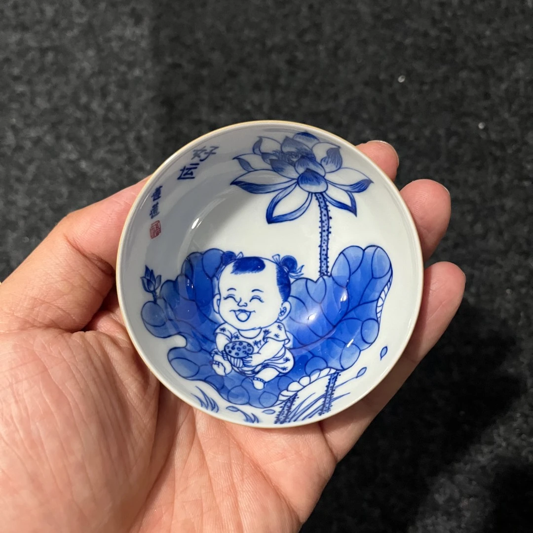 良朋柴窑 玫瑰红内绘好运连连童子杯