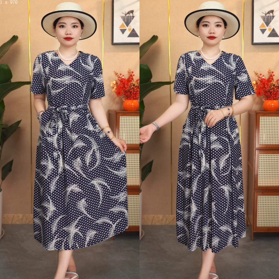 灵风-2025夏季腰带新中老年妈妈连衣裙冰凉透气不黏身收腰大摆裙