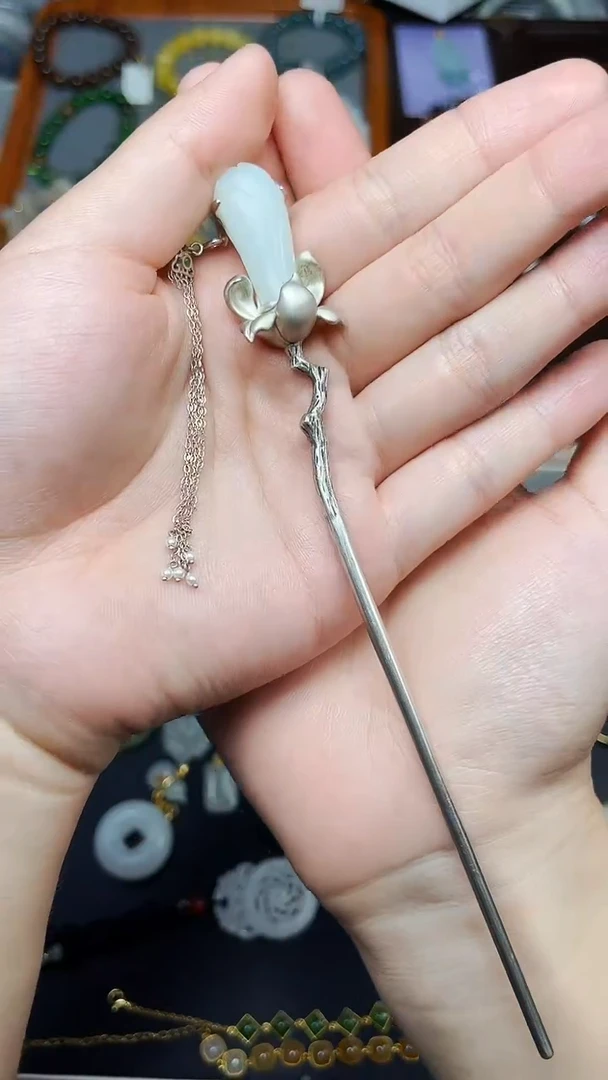 银S925镶嵌和田玉发饰发簪 06