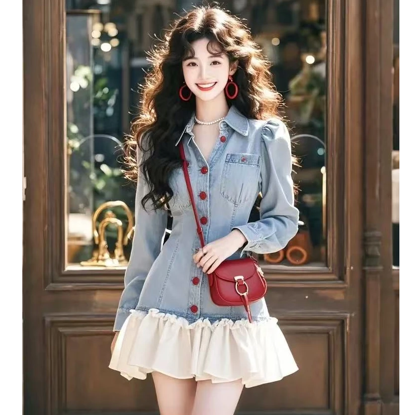 法式设计感拼接牛仔连衣裙女2025春季新款收腰显瘦短裙子时尚女装