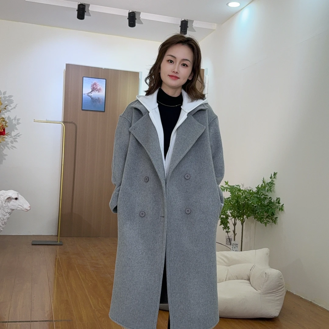 WQ【送围巾+马甲】新款秋冬双面羊毛大衣女士中长款风衣毛呢外套