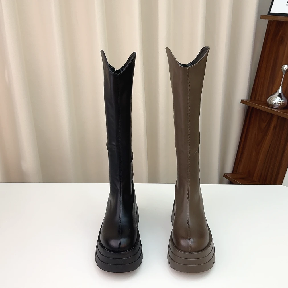 厚底不过膝增高7cm长筒靴秋冬加绒后拉链复古长筒弹力辣妹骑士靴