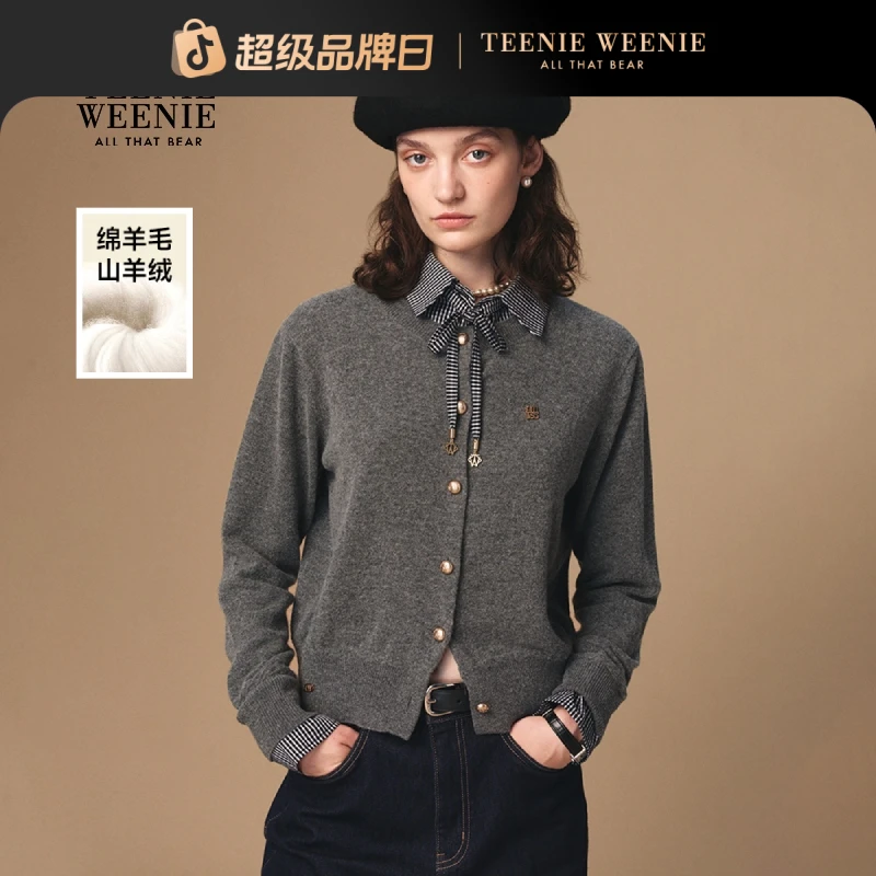 *TeenieWeenie小熊毛衣25秋新款格纹领拼接针织开女衫TTCK254TW2K