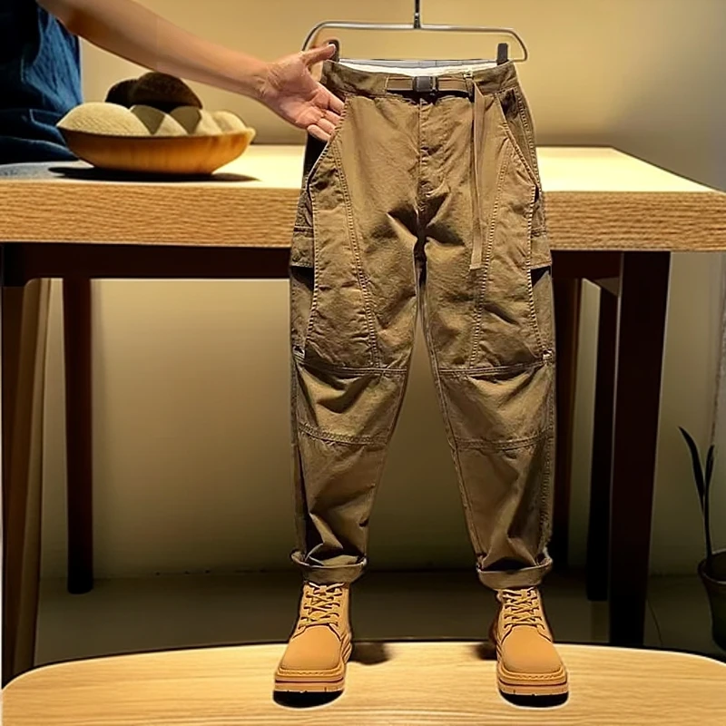 阔腿裤卡其色复古水洗男春秋季新款百搭休闲士宽松哈伦裤小脚设计