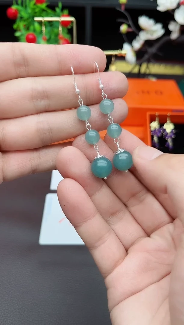 石英质玉（天山翠）银S925镶嵌耳饰C01