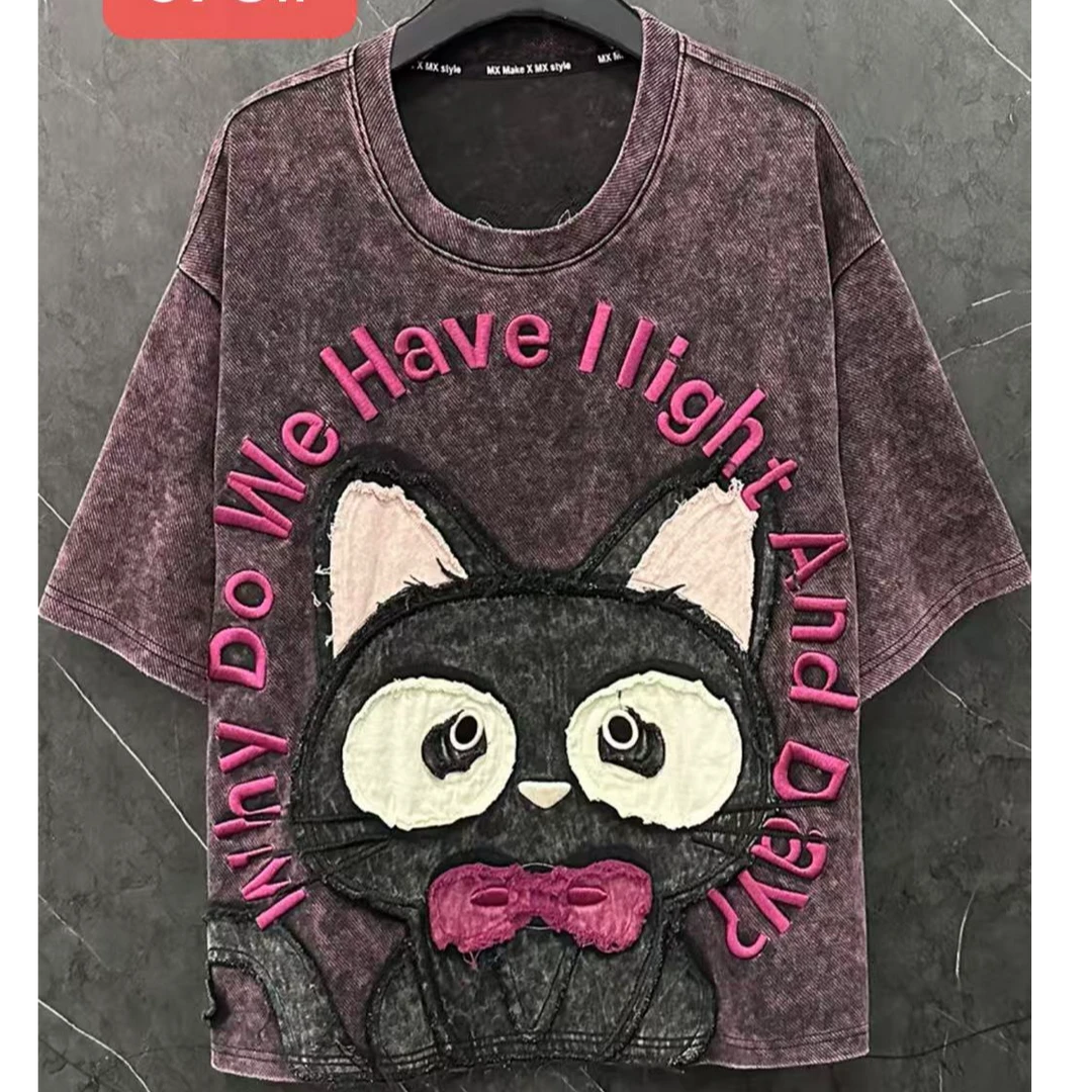 刺绣小黑猫T恤女宽松设计感甜美上衣 073