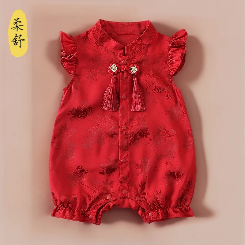 2025夏季连体衣婴儿哈衣满月宝宝国风流苏爬服女宝周岁礼服百日宴