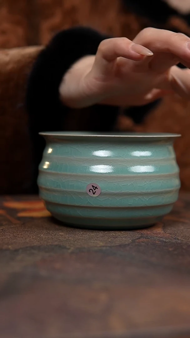 瓷片仿古翡翠绿釉炫纹小水洗微瑕