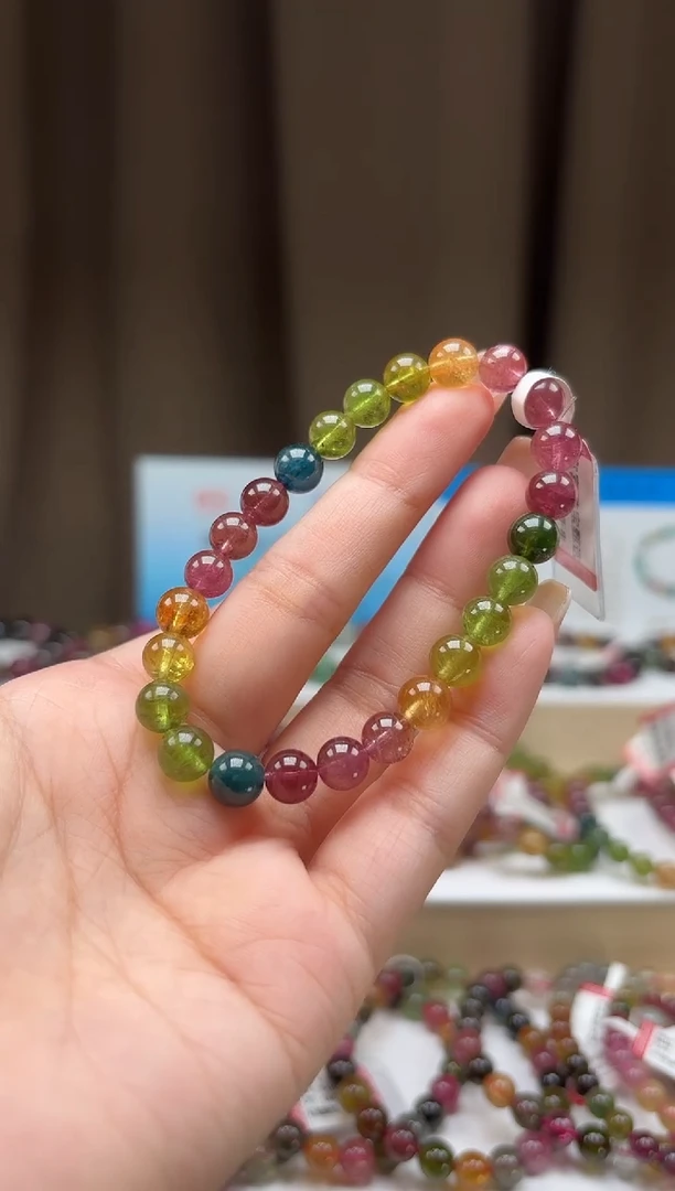 未镶嵌手串碧玺7.3mm明亮艳丽彩虹色玻璃体碧玺单圈手串
