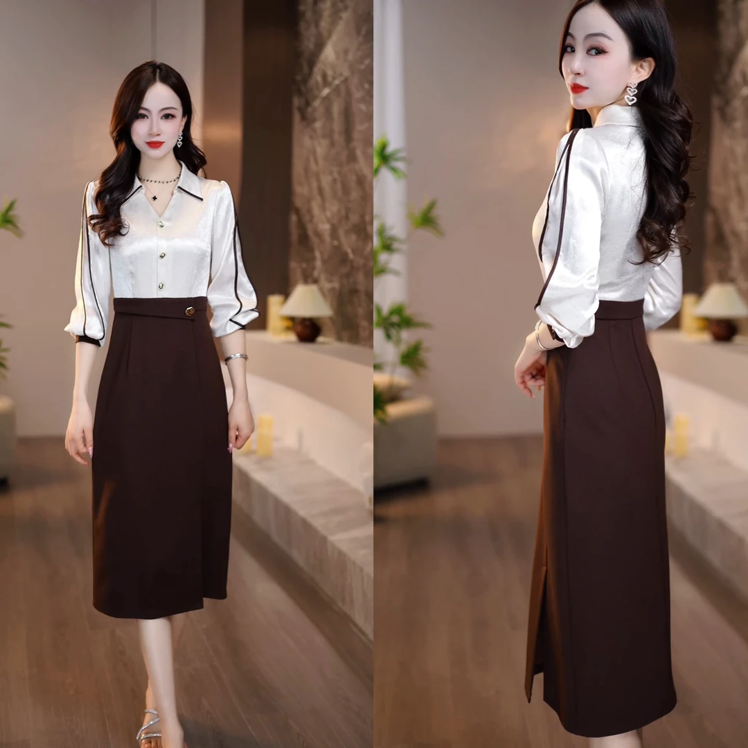 2025春季时尚新款女神减龄显瘦气质女士衬衣连衣裙中长款M-4XL