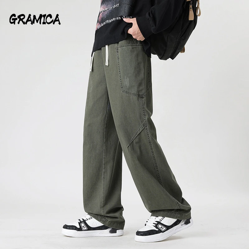 GRAMICA春夏男士美式复古纯色抽绳日系百搭宽松阔腿高街休闲裤