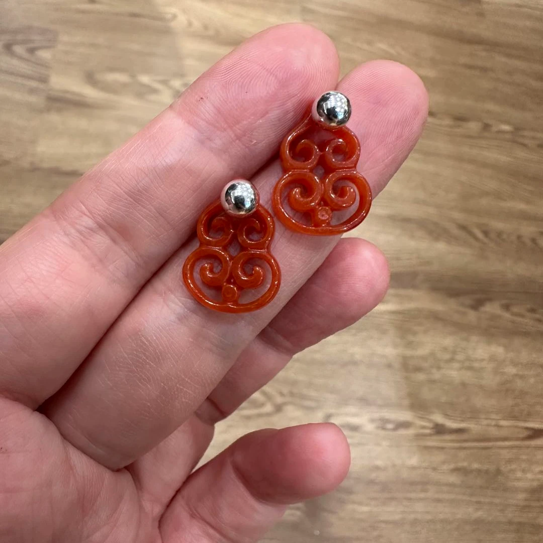 E26240<一禅兄>s925银红翡翠镂空葫芦耳钉手工耳环时尚多样性发