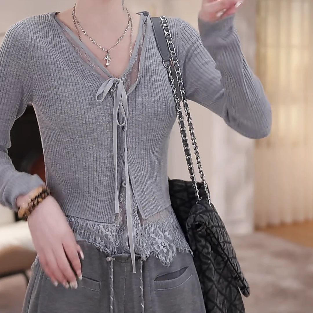 设计感假两件蕾丝拼接针织开衫女2025夏季新款修身显瘦长袖外套