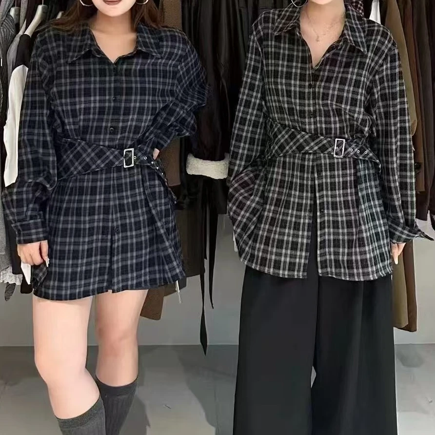 韩系休闲收腰格子衬衫