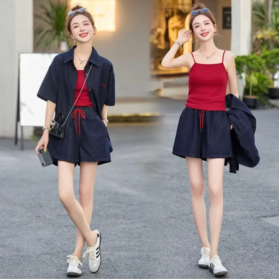 休闲时尚牛仔衬衫套装女2025年夏季新款慵懒风宽松百搭短裤三件套