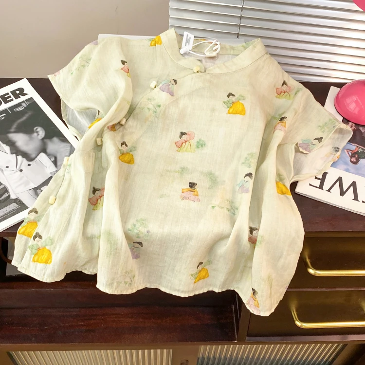 夏季2025中式复古国风气质印花衬衫女斜襟盘扣立领飞飞袖小衫上衣