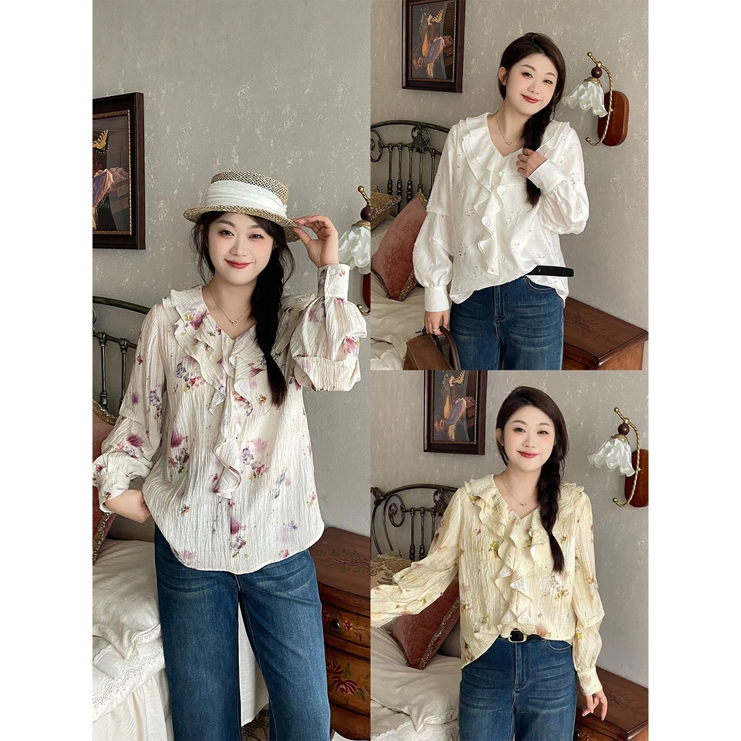 裂渡宣宣【蔷薇少女】微胖大码女百搭时尚V领荷叶边衬衫ZY507R66