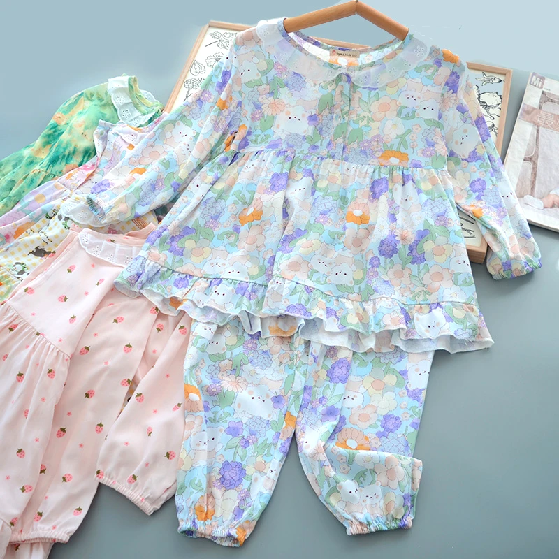 洋气童装2025春夏款儿童女童绵绸家居服套装宝宝中大童人造棉睡衣