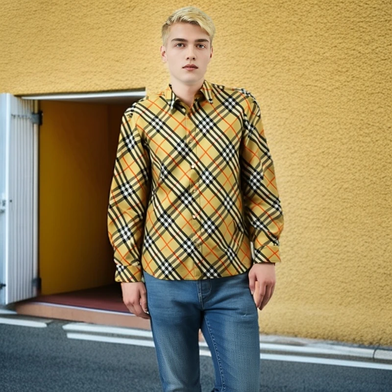 全新未使用 BURBERRY/博柏利 11979531 格纹翻领衬衫 卡其色 M码