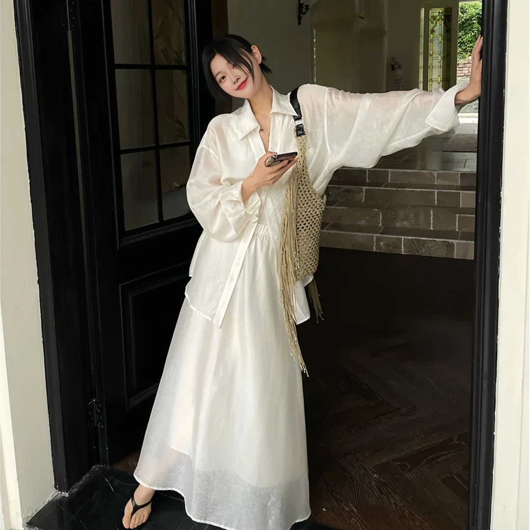 气质百搭洋气套装女2025夏季大码胖MM宽松显瘦衬衫+半身裙两件套