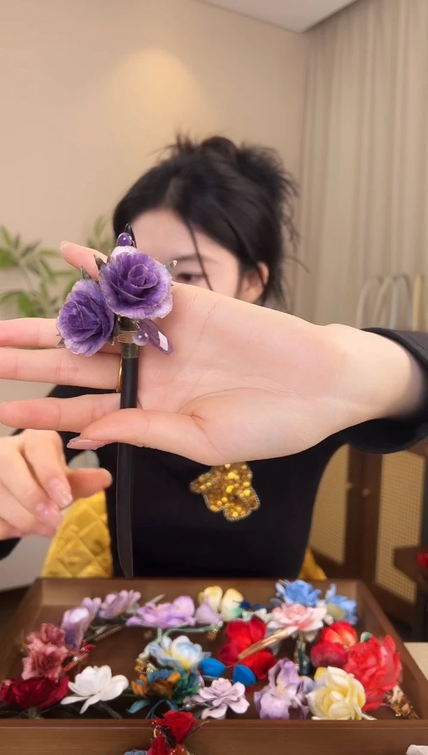 刺绣紫色玫瑰发簪