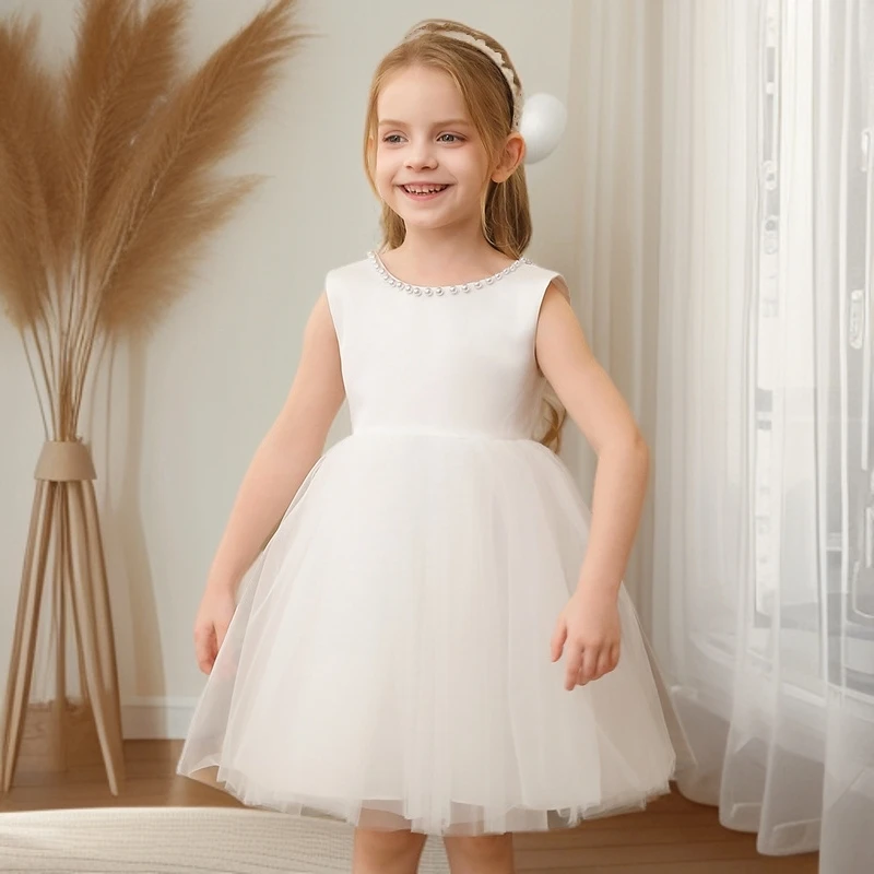 花童礼服裙公主裙女童白色夏季无袖网纱裙生日宴会连衣裙子小女孩