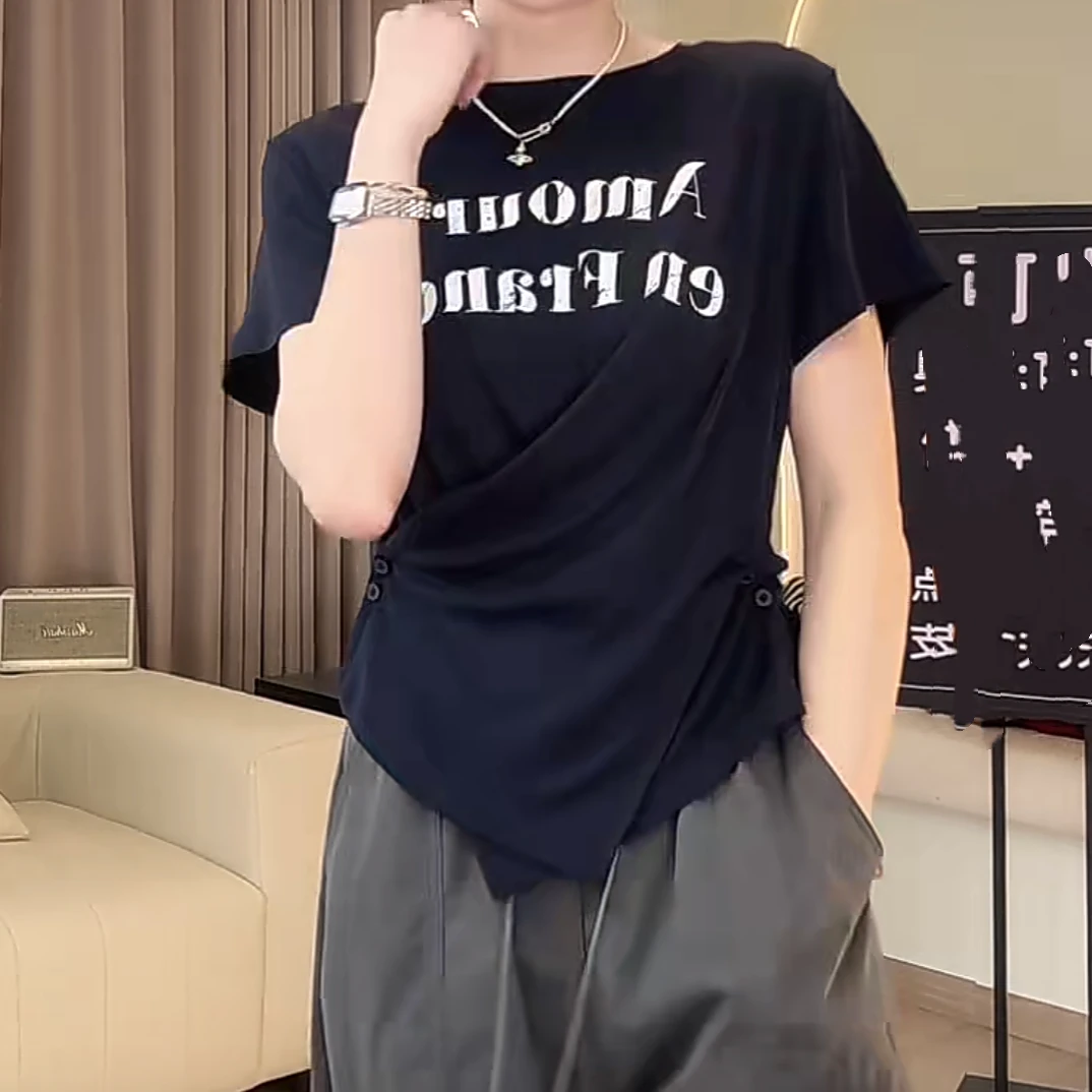 韩版时尚洋气百搭显瘦简约修身减龄短袖2025夏季新款不规则上衣