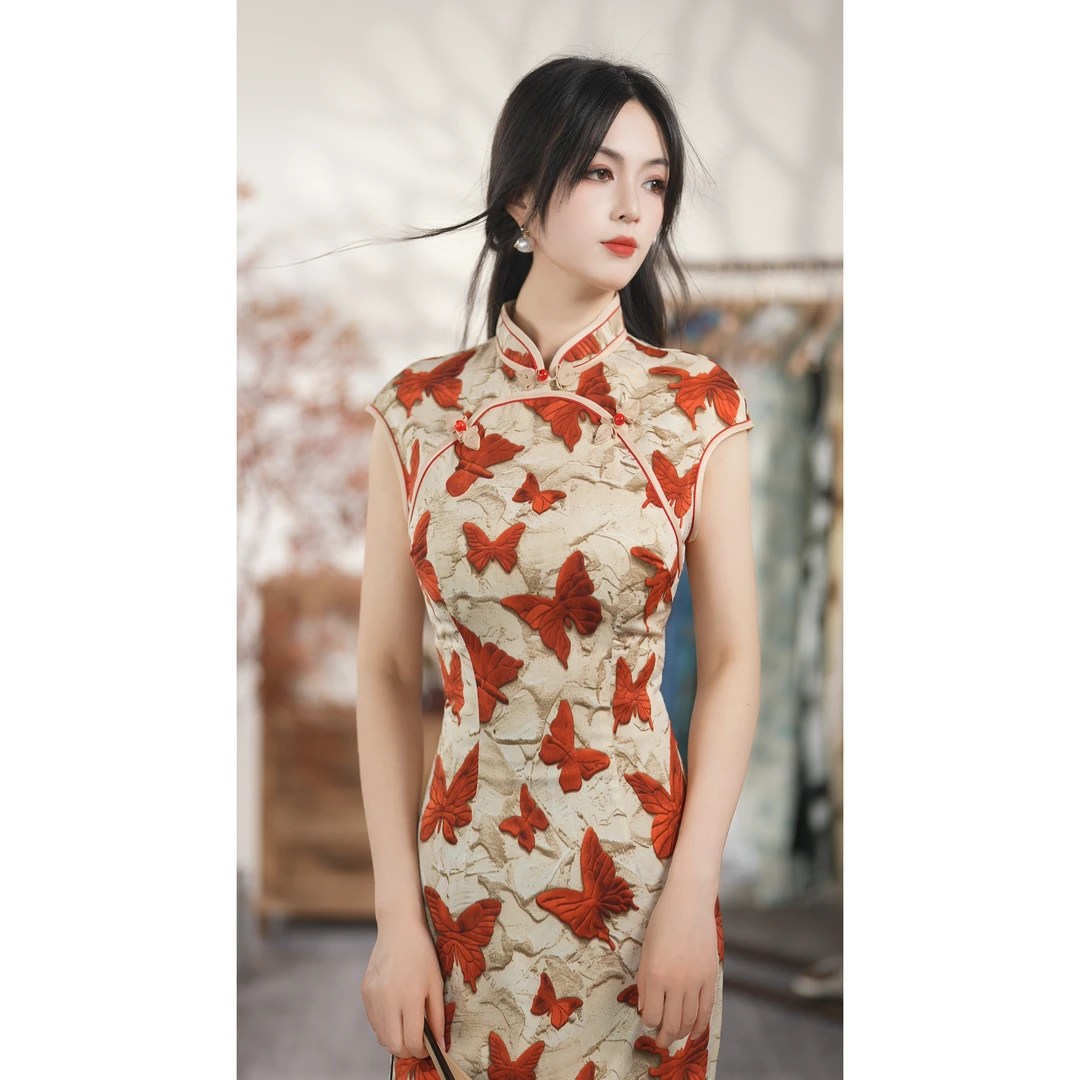 【牛奶丝】春夏新款无袖蝴蝶印花旗袍裙 【裙长125左右】