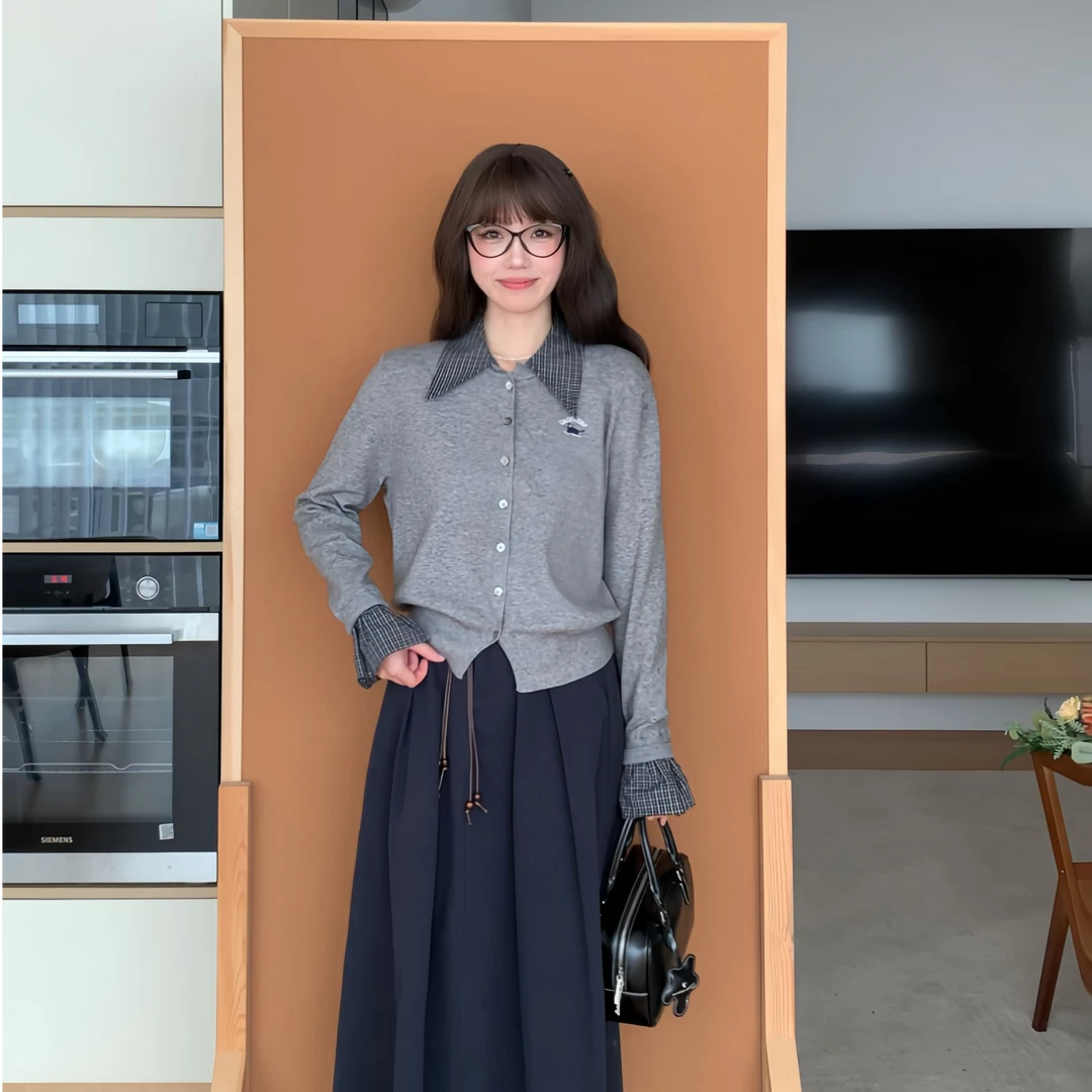 张汽水学院风假两件格子拼接针织开衫半身裙套装两件套DY2025141
