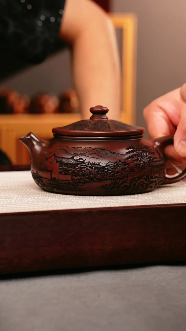 茶壶紫砂铁皮石红 大寒江 刻绘