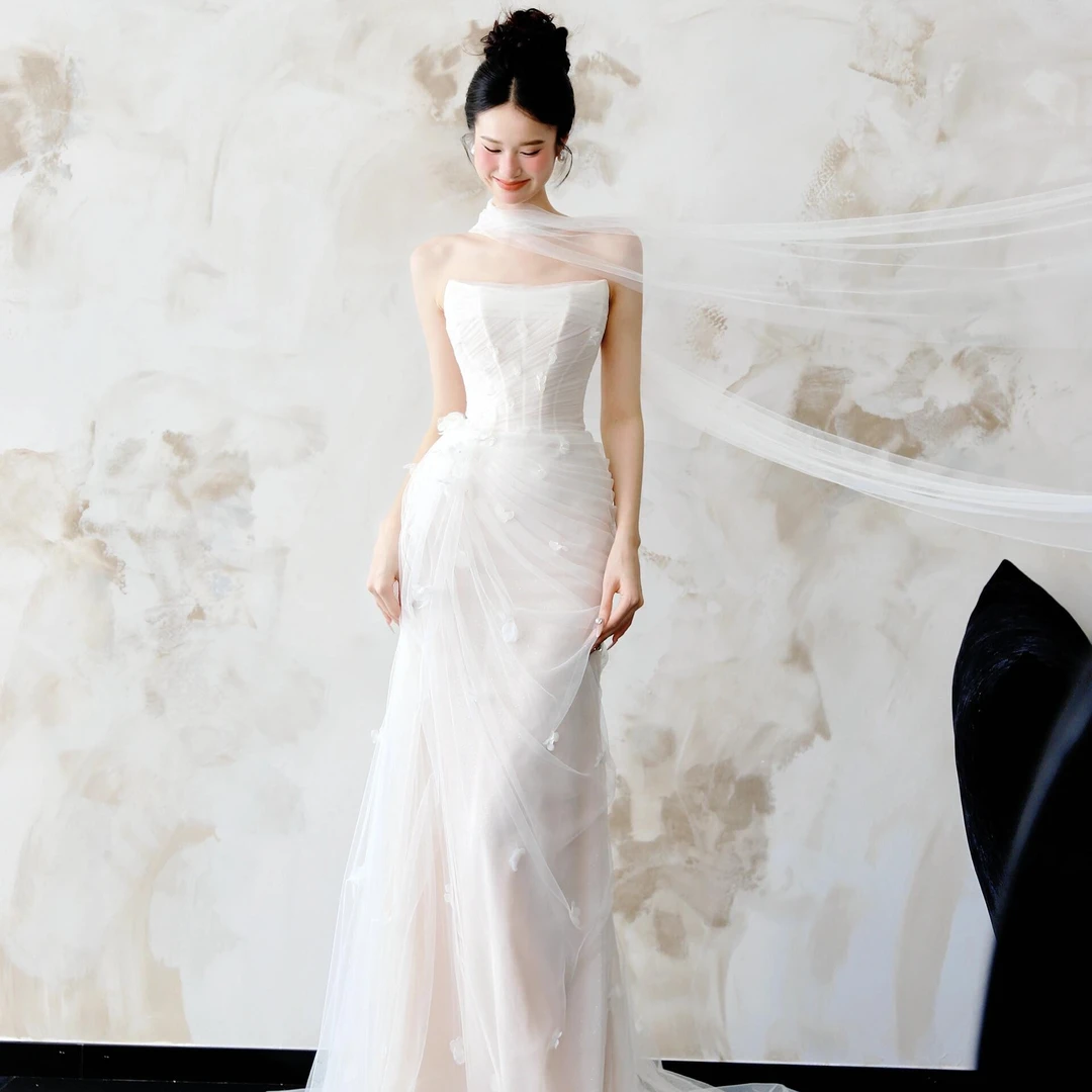 法式抹胸森系超仙鱼尾新娘轻婚纱晨袍订婚礼服出门纱拖尾宴会结婚