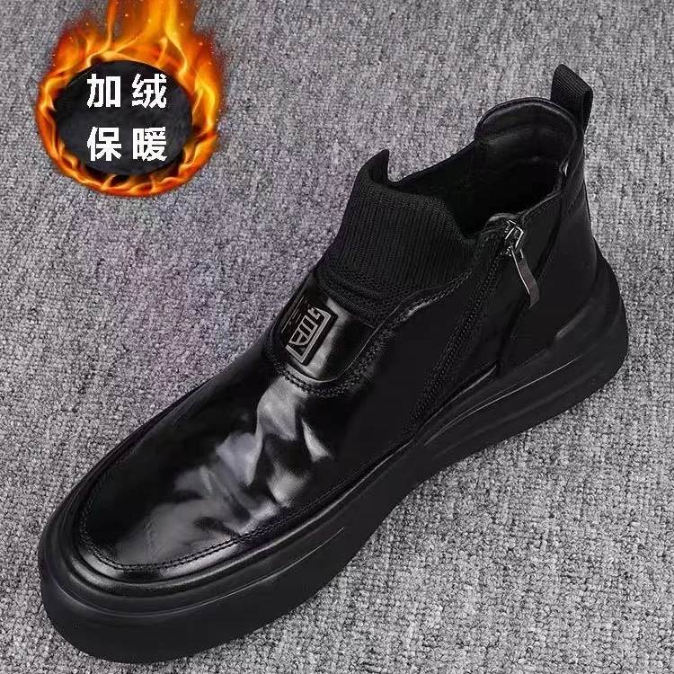 牛皮加绒秋冬季休闲新款加绒时尚男士牛皮侧拉链休闲男皮鞋