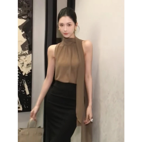 御姐轻熟风气质时尚套装女无袖飘带背心夏季黑色包臀半身裙两件套