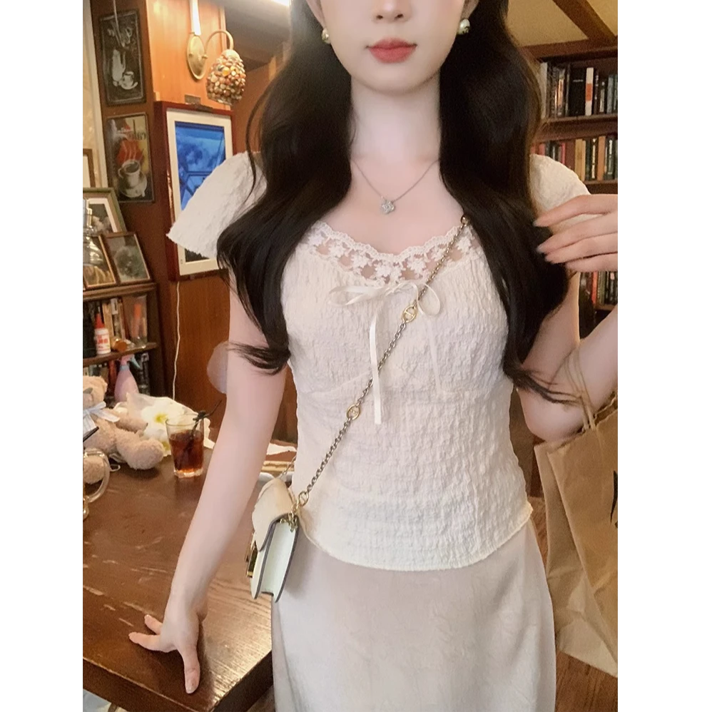 纯欲风方领蕾丝边短袖t恤女夏季小众高级感温柔内搭chic韩系上衣