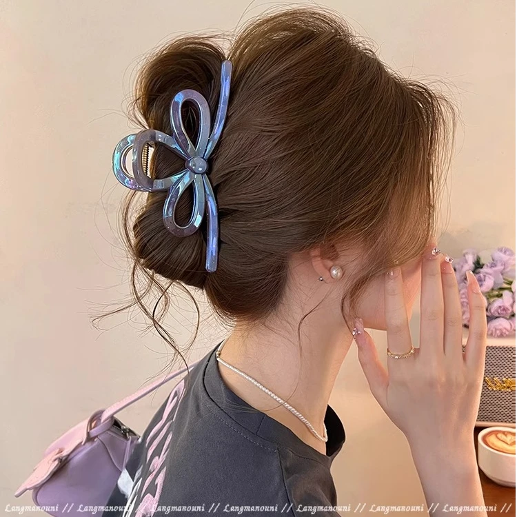 高级感珠光紫蝴蝶结抓夹女2025新款大号盘发鲨鱼夹后脑勺气质发夹