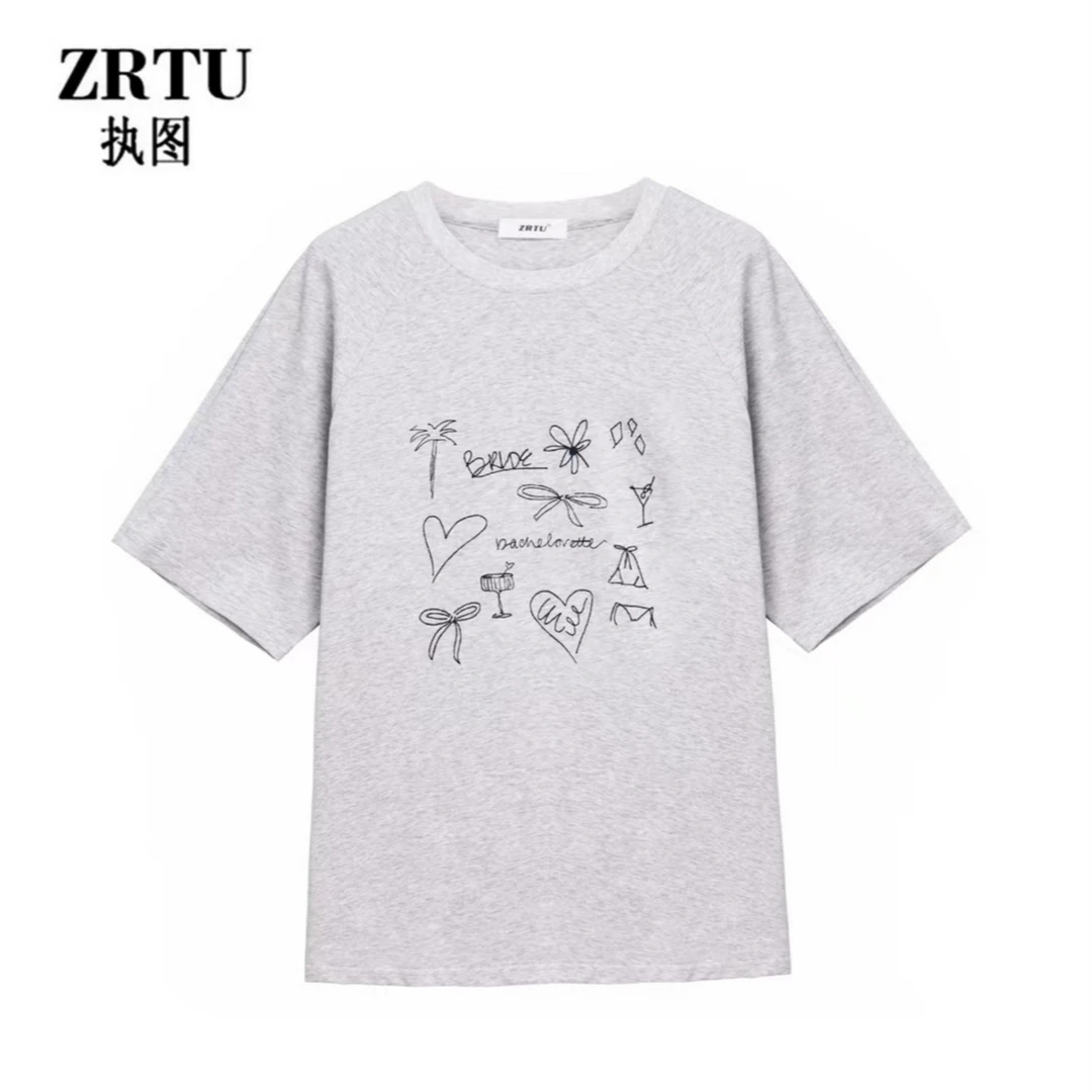 新款夏季宽松潮流休闲百搭刺绣圆领短袖上衣