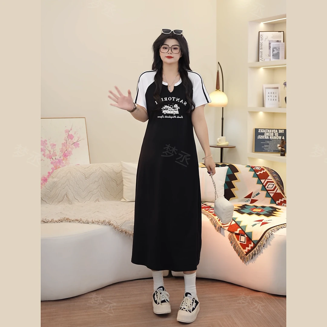 胖mm大码女装夏季洋气拼色裙子遮肉时尚气质显瘦短袖连衣裙女