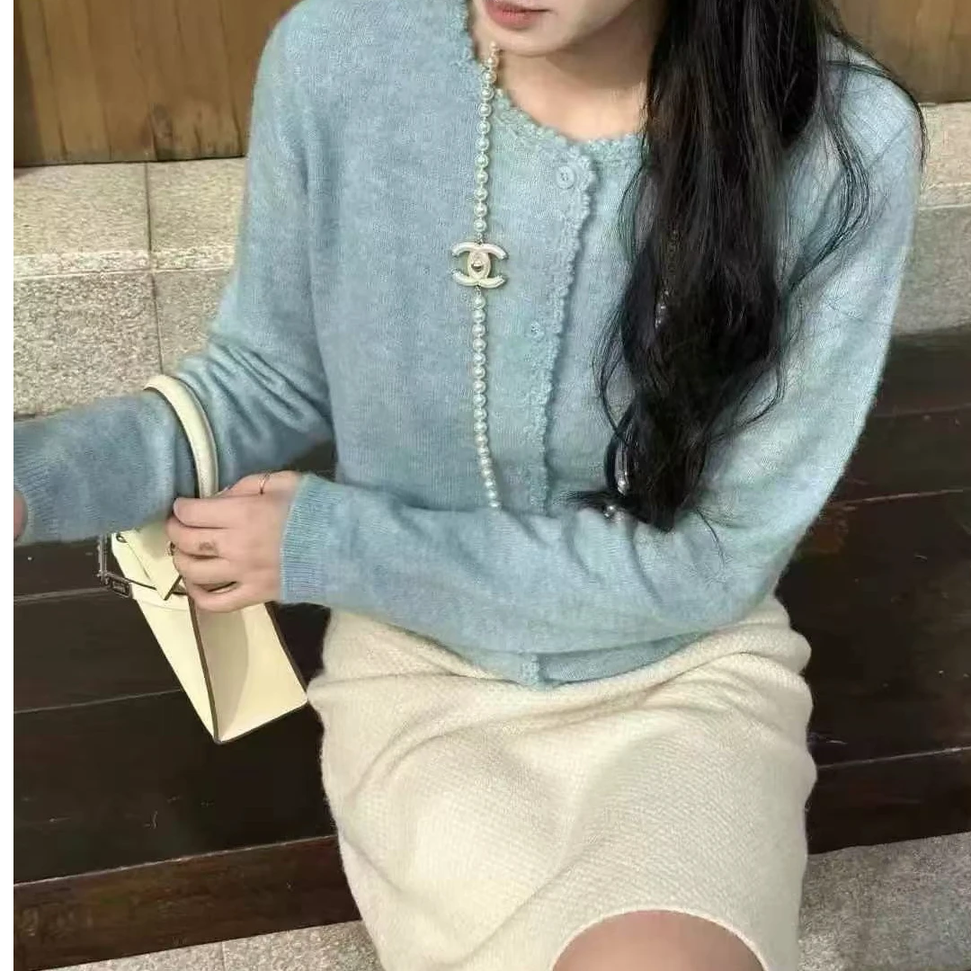 林夏 软糯花边单排扣长袖针织衫女早春新款休闲毛衣上衣506