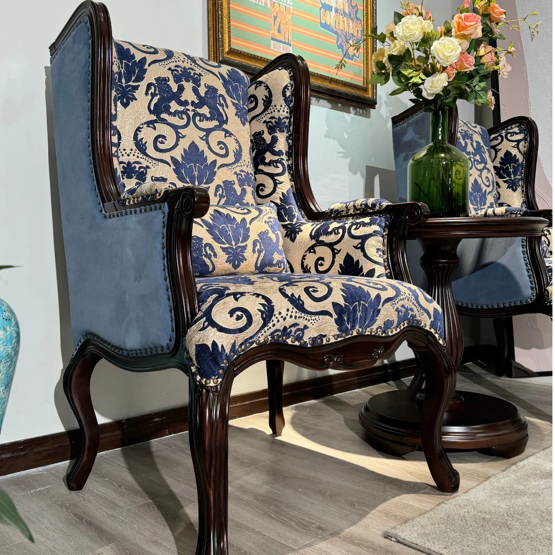 森曼堡·美式M1716休闲椅 金丝黄檀实木布艺老虎椅美式乡村复古款