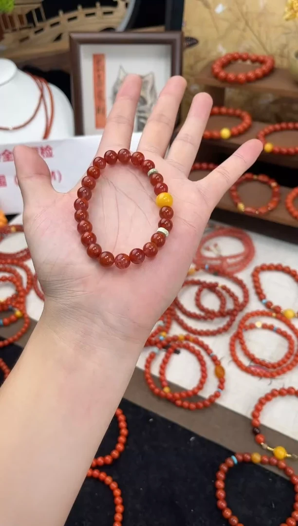 未镶嵌手串南红玛瑙火焰红单圈蜜蜡手串QF-A462（多样性发一）