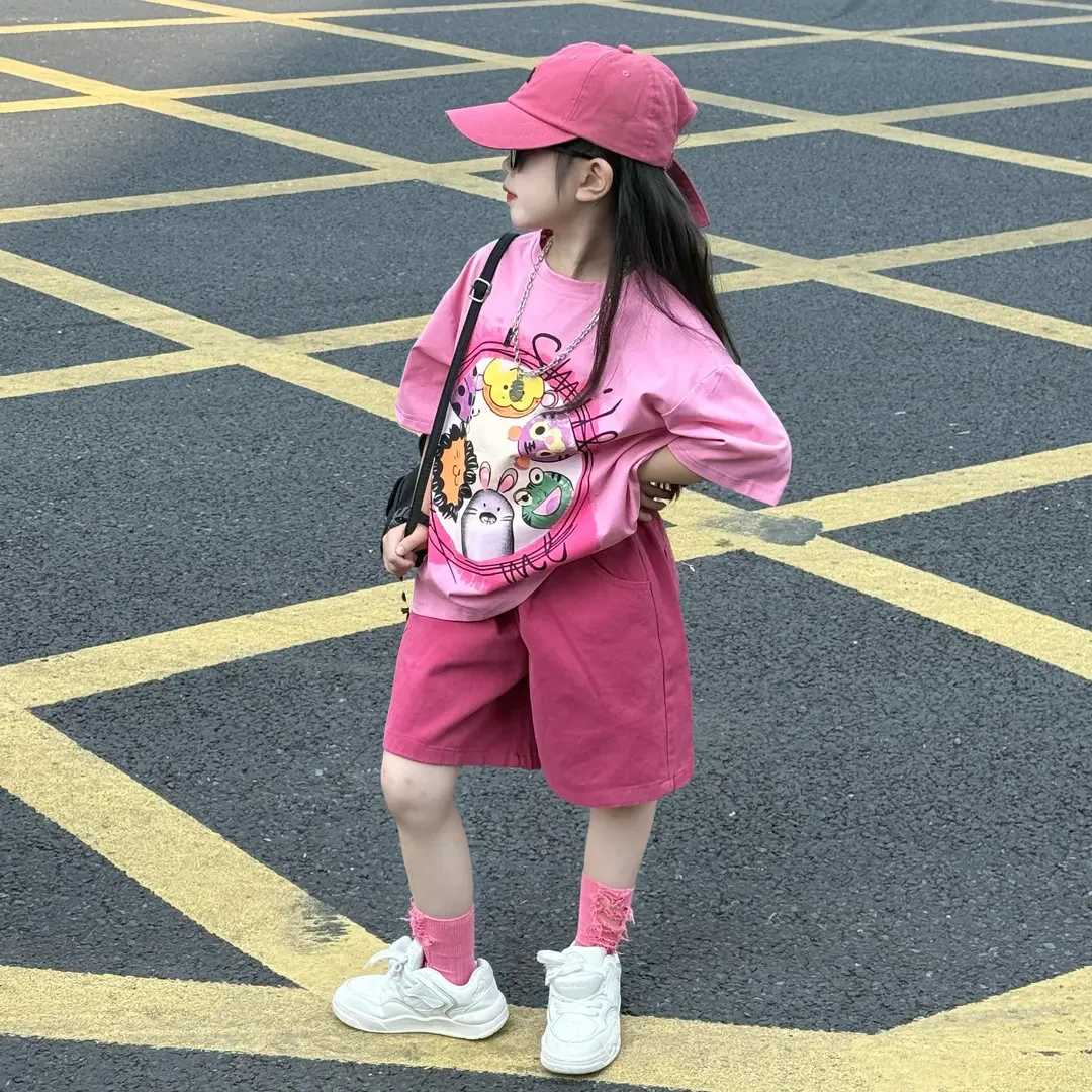 女童夏季休闲舒适卡通短袖T恤衫中大童百搭宽松棉布中裤
