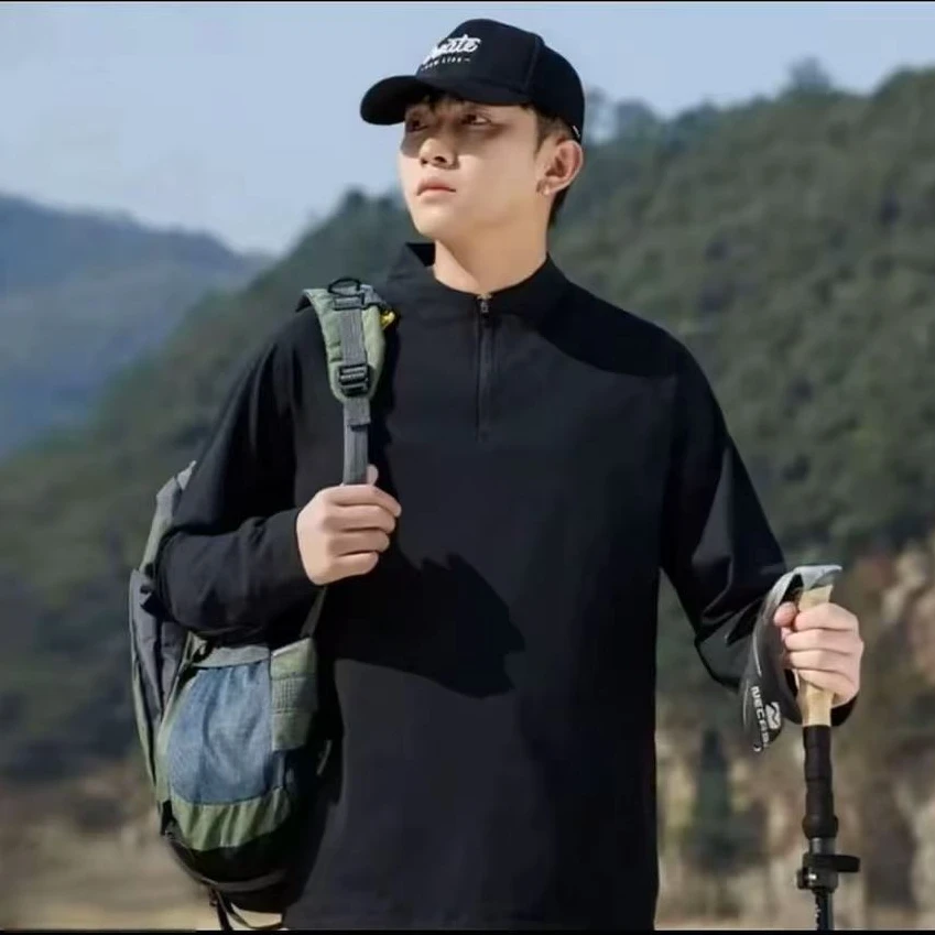 LJZ秋冬户外长袖T恤磨毛加绒速干半拉链立领休闲上衣男