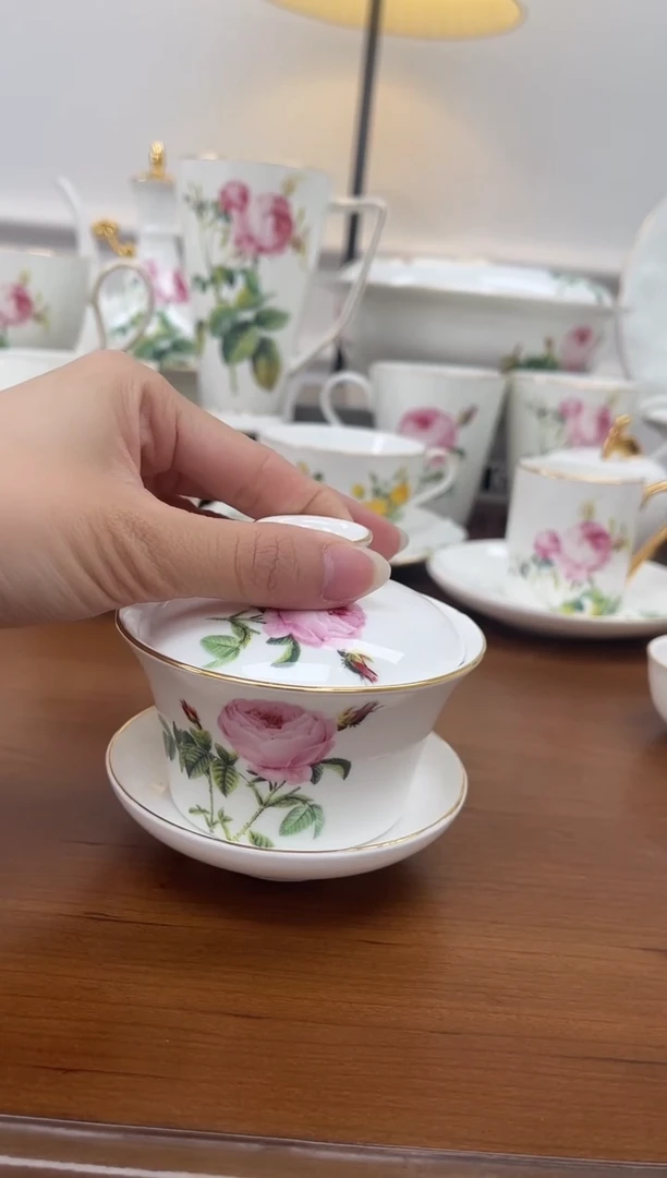 杯玫瑰高骨骨瓷微瑕盖碗不退换