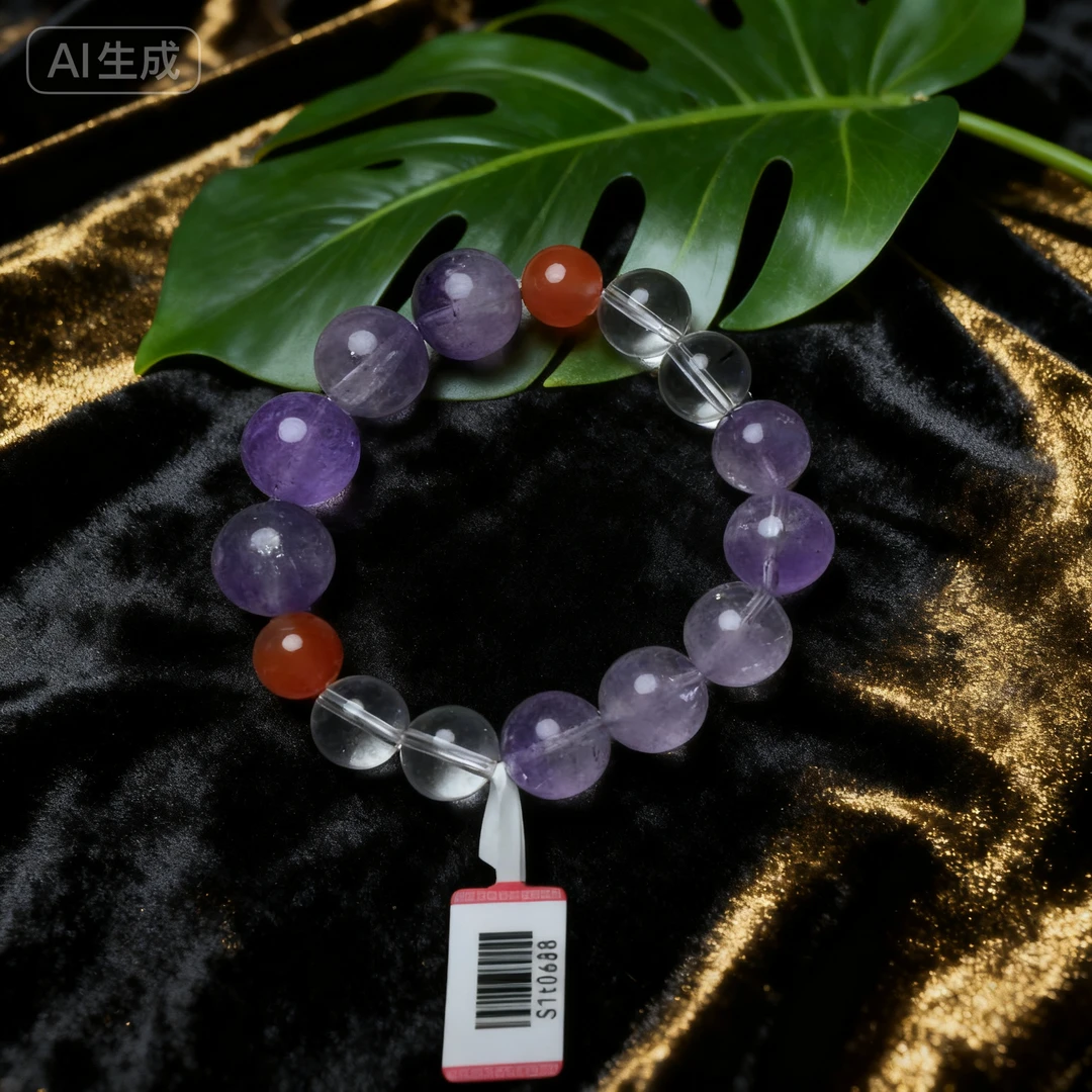 【三少人文晶典】天然紫水晶+玛瑙+白水晶设计手链