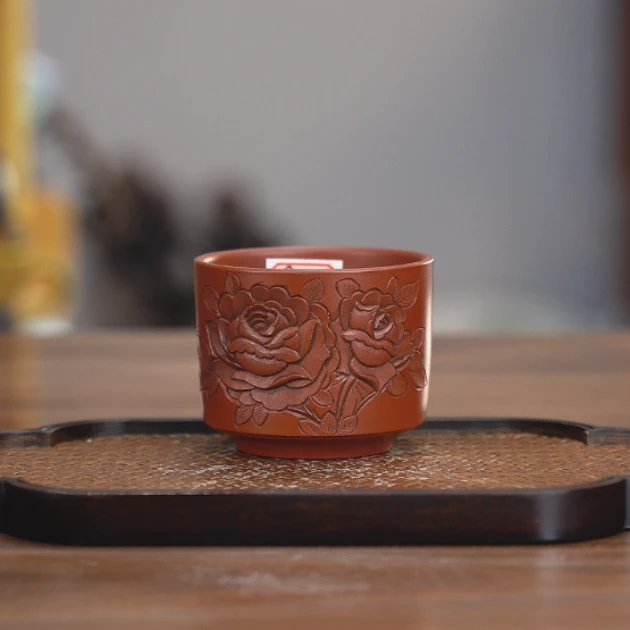 824/825宜兴紫砂茶具鸡血大红袍纯手工浮雕刻绘FSY130cc左右