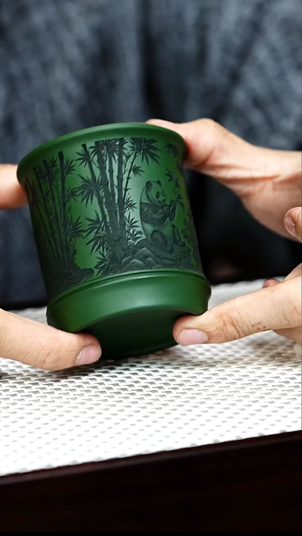 茶杯紫砂宜兴紫砂 主人杯 熊猫竹节 绿泥 任家娟 h214