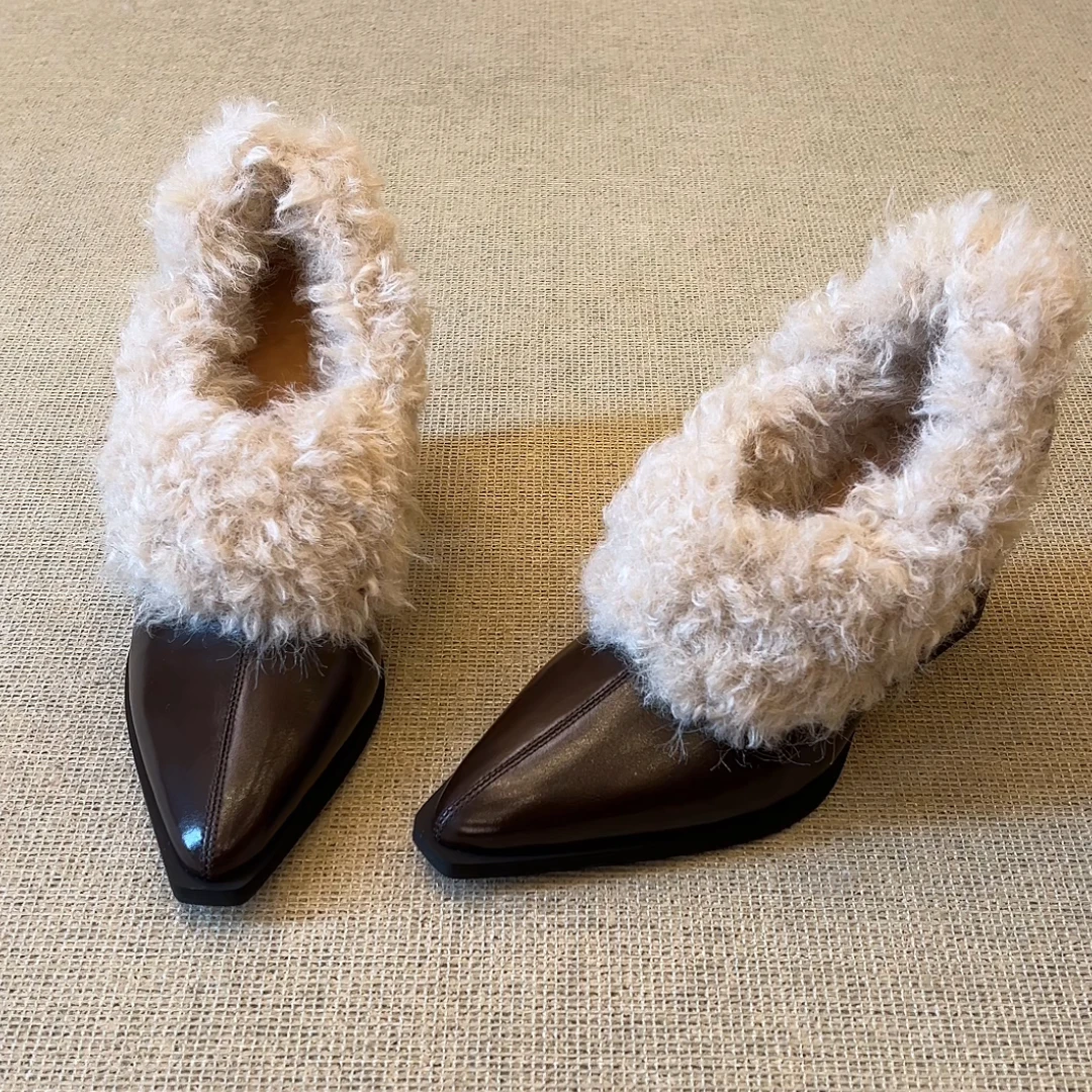 RubyL/8cm小个子简约气质通勤舒适一脚蹬尖头浅口粗跟毛毛鞋女款