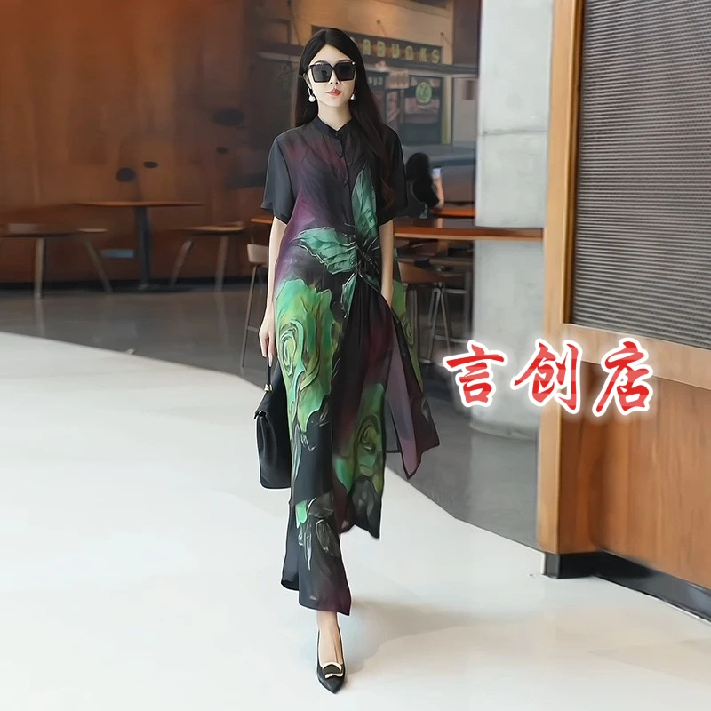 317春夏新中式大码国风印花开衫外搭宽松阔腿裤优雅两件套装140